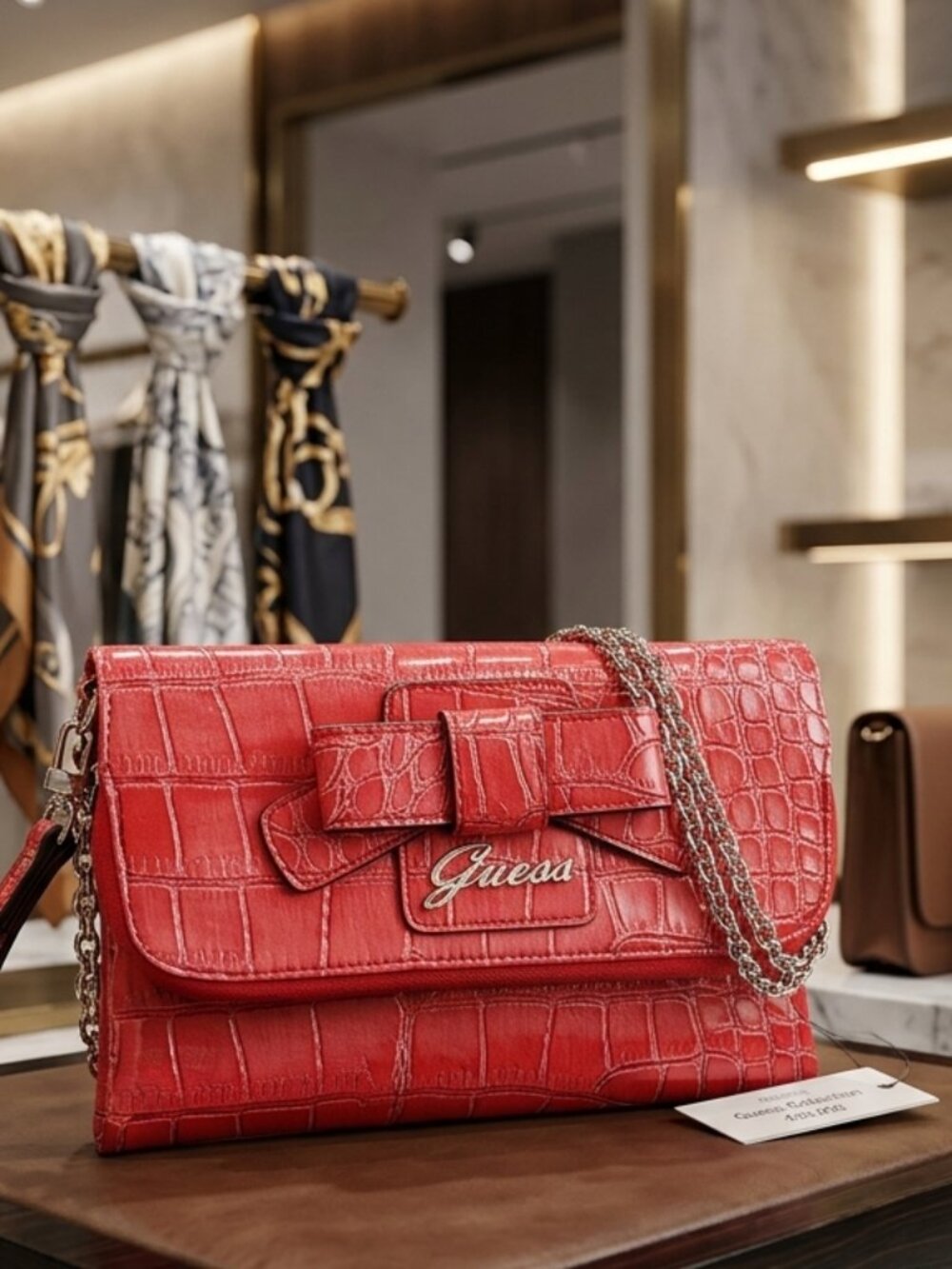 GUESS Red Crocodile Embossed Bow Wristlet Clutch Y2K EUC